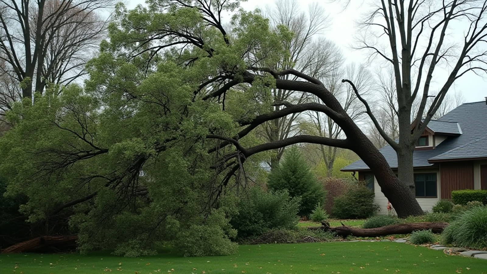 Storm-fallen tree across a lawn in Atlanta